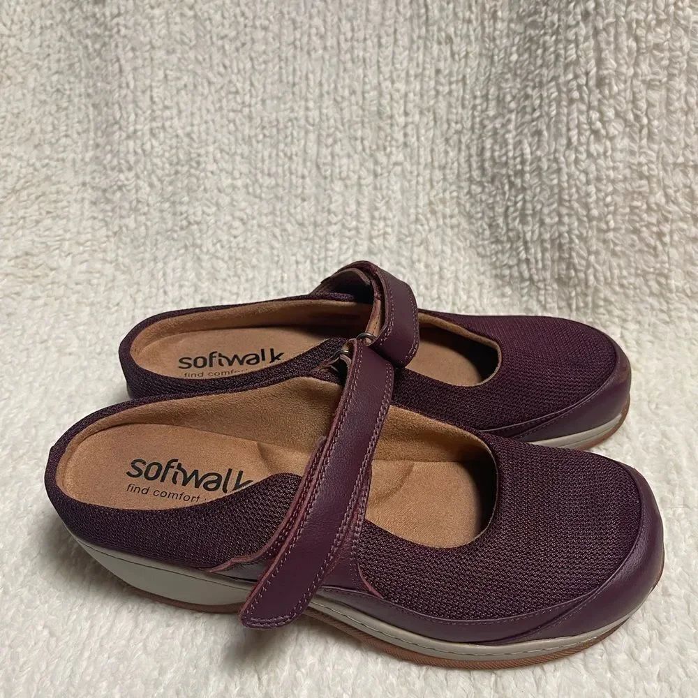 SOFTWALK ARCADIA MARY JANE leather and Fabric burgundy Clogs SZ9N